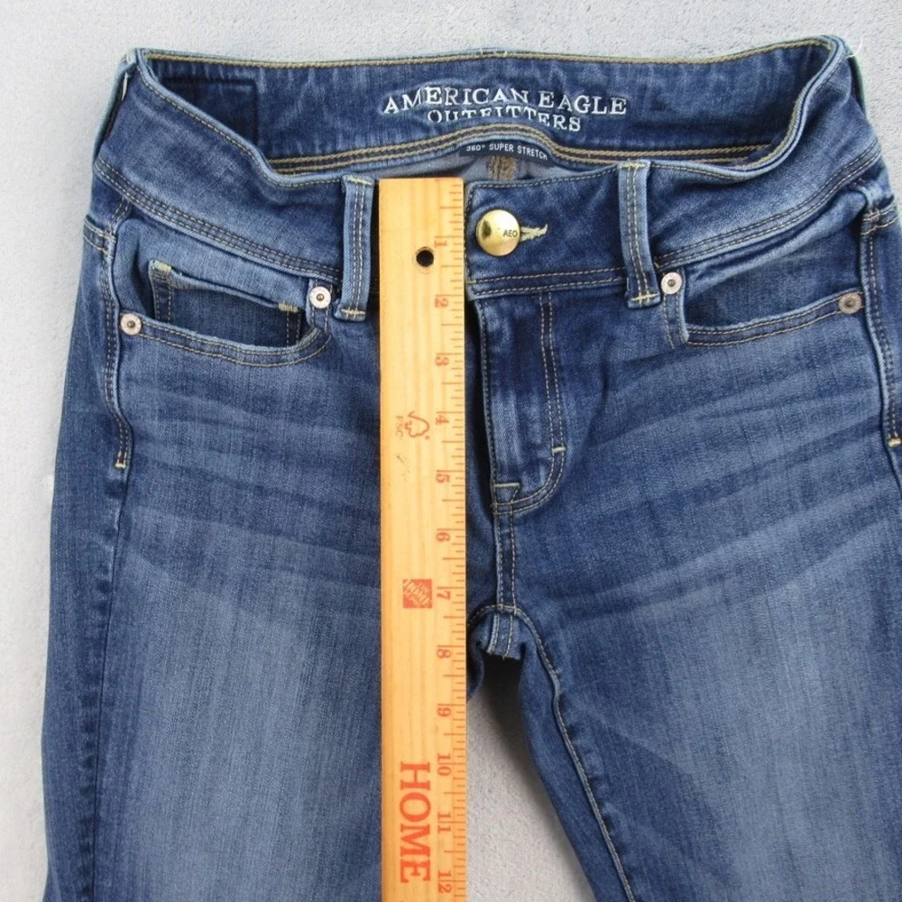 American Eagle Kick Boot Jeans Womens 0 Short Blue 360 Super Stretch Low Rise - Picture 5 of 11